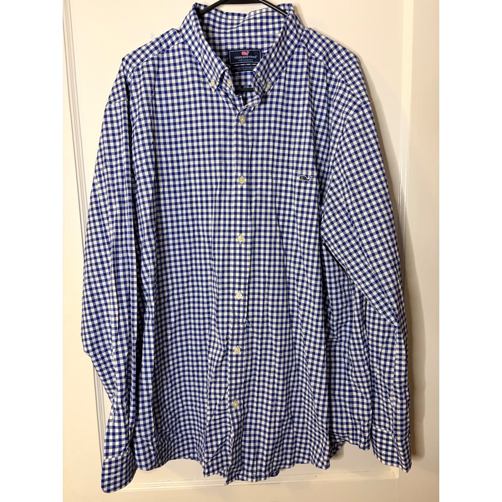 Vineyard Vines Performance Tucker Shirt Mens 2XL Blue White Gingham Classic Fit
